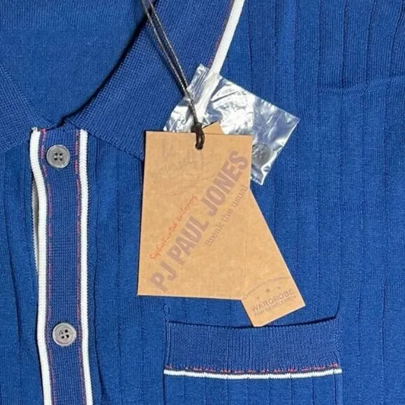 Paul Jones Knit Button Polo Shirt Navy Blue Men's Sz Large Retro Mod Travel Golf - Picture 4 of 9